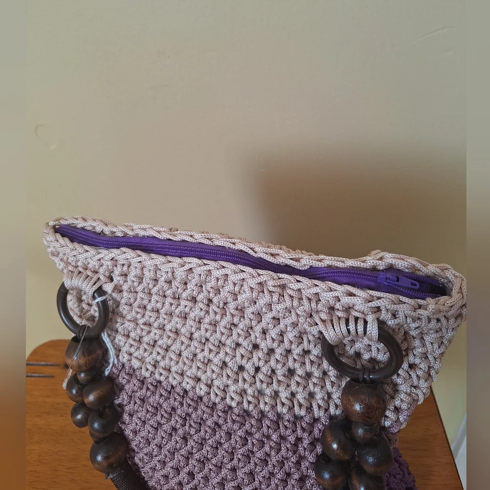 Elegant Crochet Shoulder Bag in Purple and Tan
